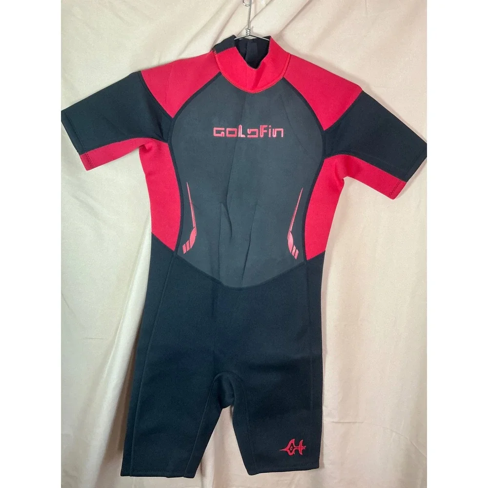 GoldFin Wetsuit Mens Small Black Red Excellent 3mm Shorty Back Zip Neoprene